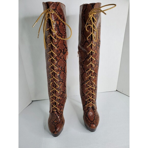 Noela Brown Faux Snakeskin Lace Up Platform Stiletto Boots Size 8.5M - Picture 2 of 10